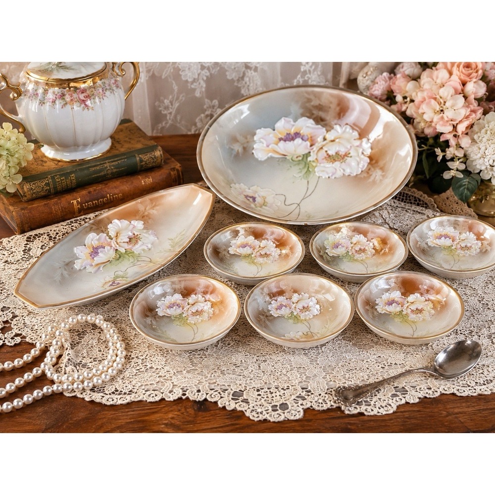 Antique RS Germany 3 Crown Berry Bowl 8 Pc Set Raised Enamel Poppy Floral Gold